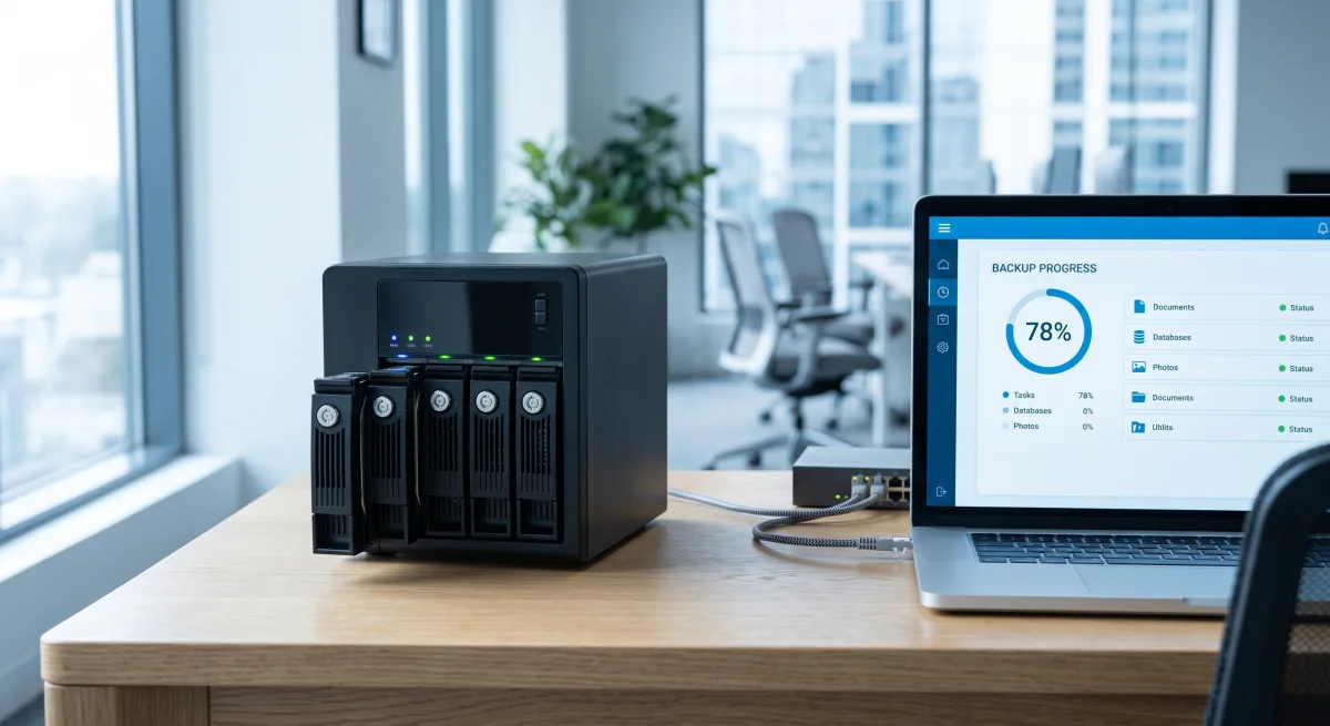 NAS backup server with multiple hard drive bays and a laptop showing a backup dashboard in a Montreal small business office