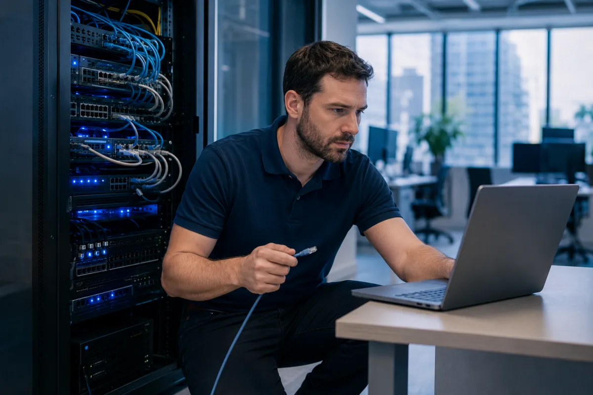 Computer Repair MTL technician inspecting a business server rack during preventive maintenance in a Montreal office