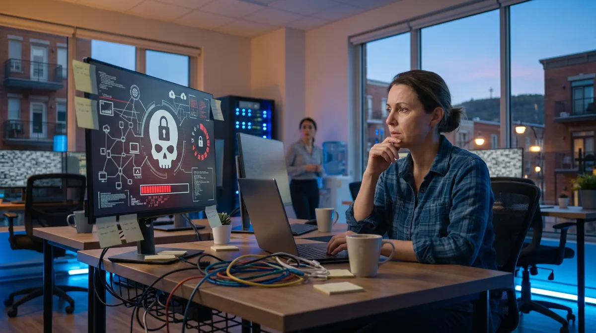 IT professional responding to a ransomware security alert on a computer screen in a Montreal small business office