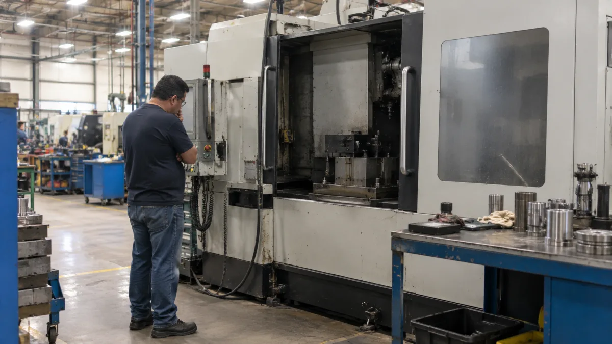 Idle industrial manufacturing machine stopped on a factory floor, representing costly unplanned downtime
