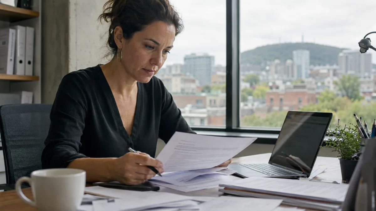 Propriétaire d'entreprise examinant des documents sur la protection des renseignements personnels dans un bureau de Montréal pour se conformer à la Loi 25