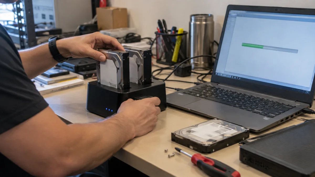 Technician cloning a hard drive from a legacy industrial system to a backup drive on a workbench