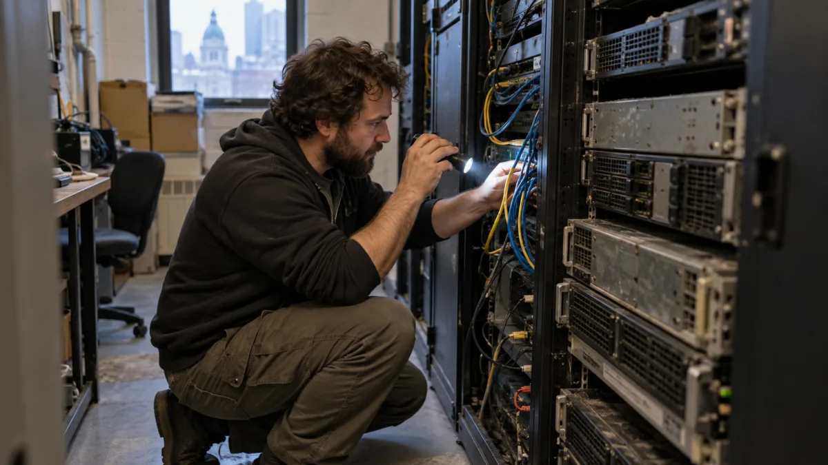 IT technician inspecting an aging rack server in a Montreal small business server room