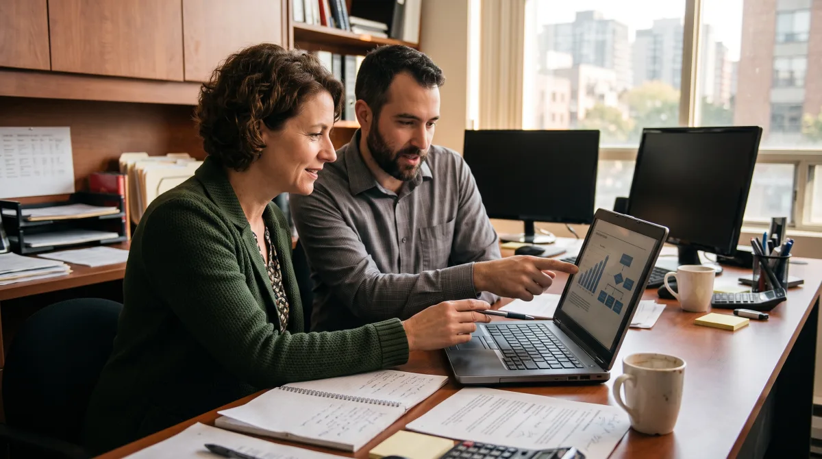 Business owner and IT consultant planning a Windows Server migration on a laptop