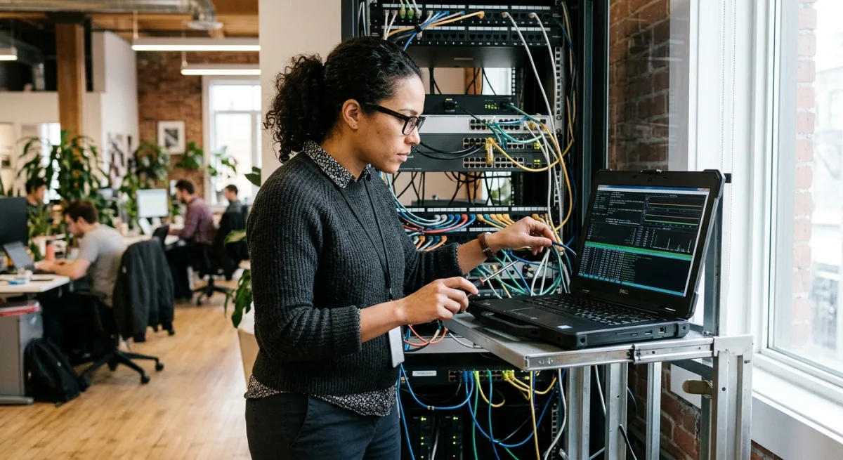 IT professional checking server rack diagnostics in a Montreal office